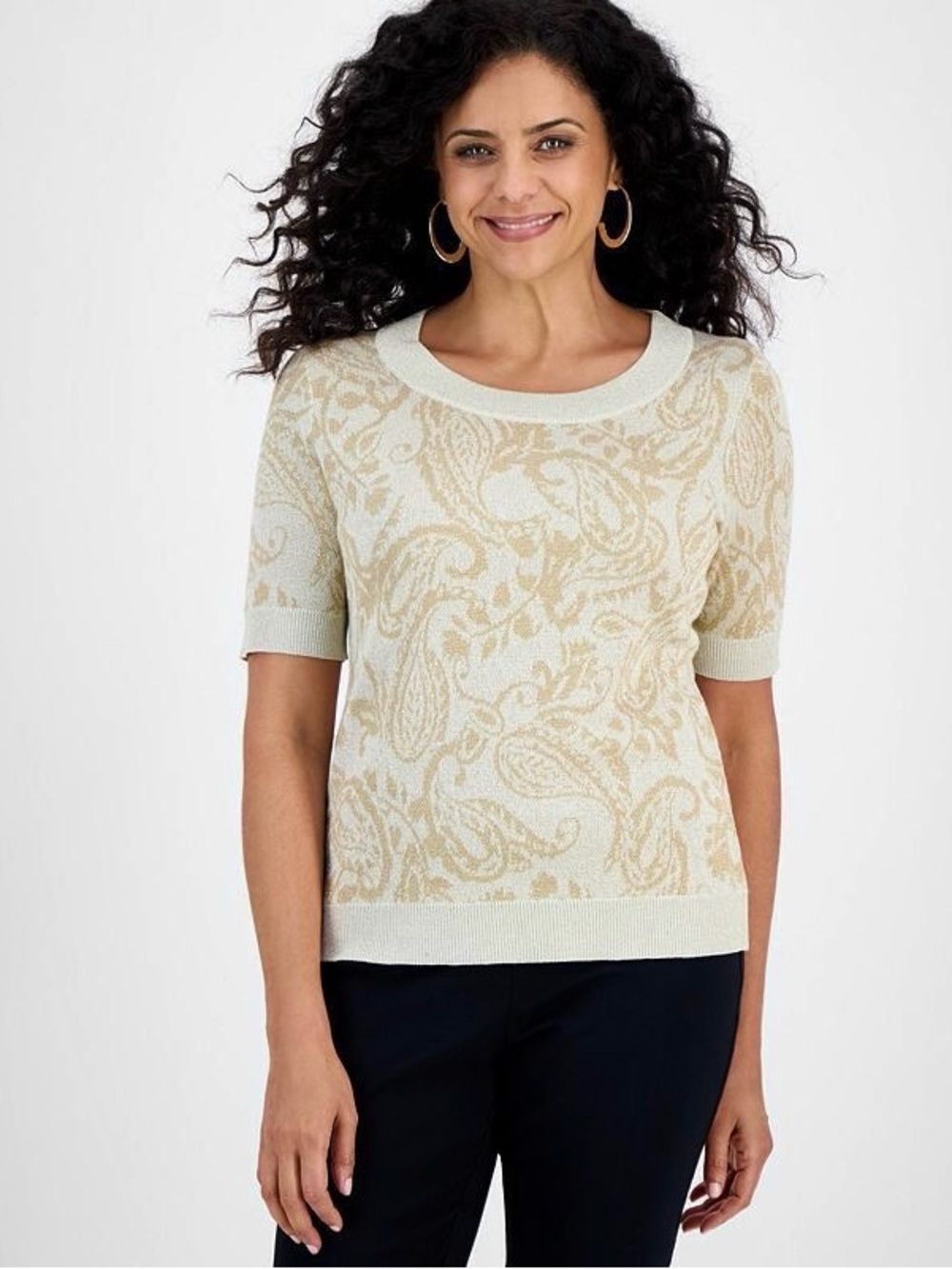JM COLLECTION NWT PM M Petite Jacquard Shine Metallic Paisley Sweater Gold